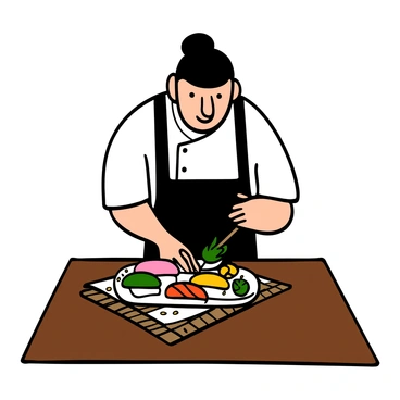 A chef preparing a plate of colorful sushi pieces, emphasizing the variety of ingredients