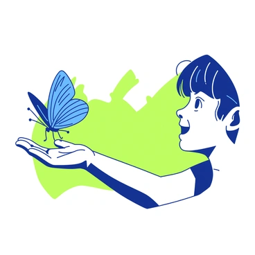 A blue butterfly with intricate patterns on its wings is gently landing on a child's outstretched hand. The child's hand is small and open, with delicate fingers slightly curved as they eagerly anticipate the butterfly's arrival. The child's face shows an expression of wonder and excitement, with wide eyes focused on the butterfly. The background is filled with soft, bright greenery, enhancing the sense of connection and curiosity between the child and the butterfly.