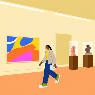 A person is walking through a spacious museum, taking deliberate and careful steps on a polished wooden floor. They are dressed in casual attire, with a light jacket and comfortable shoes. The individual is gazing at a large, colorful painting hanging on the wall, which features vibrant colors and abstract shapes. Surrounding the person are other exhibits, including sculptures and historical artifacts displayed in glass cases. Soft, ambient lighting highlights the artwork and creates a warm atmosphere in the museum.