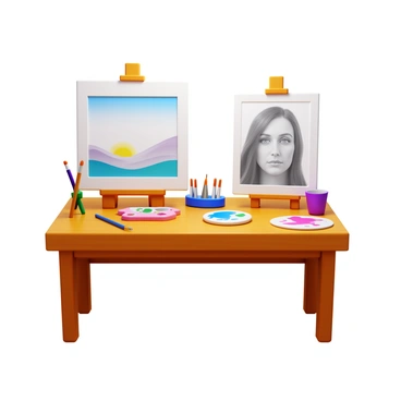 A 3D icon of an artist's workbench. The workbench is neatly organized, showcasing two illustration boards. The first board, sized 1/4, displays a detailed landscape sketch with rolling hills and a setting sun. The second board, sized 1/8, features a portrait drawing of a person with defined facial features. Alongside the boards, there are various art supplies such as colored pencils, brushes, and a palette with paint splatters. The workbench has a warm wood finish, giving it a cozy and inviting appearance.