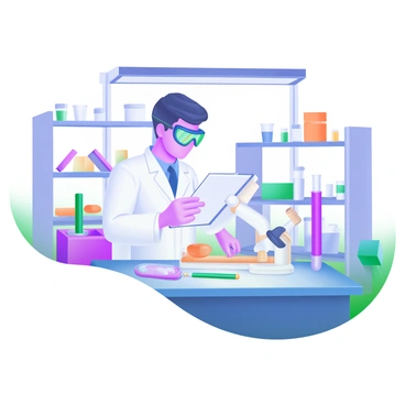 A quality control inspector wearing a white lab coat and safety goggles is closely examining finished products on a bright, well-lit workbench. The lab is filled with various tools and equipment, including measuring instruments and sample containers. The inspector holds a clipboard in one hand, while closely inspecting a product with the other. Bright overhead lights illuminate the workspace, highlighting the details of the products arranged neatly on the table. In the background, there are shelves filled with additional materials and equipment, emphasizing the organized and professional atmosphere of the lab.