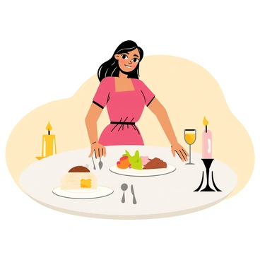 A woman with long wavy hair is sitting at a round table set for a dinner. The table is covered with a white tablecloth and has an elegant arrangement of fine china and sparkling silverware. There are two flickering candles in decorative holders casting a warm glow over the scene. The woman is wearing a stylish red dress and has a content smile on her face as she looks at a plate of gourmet food in front of her. A glass of sparkling wine sits beside her, and the atmosphere is enhanced by soft golden lighting illuminating the setting.