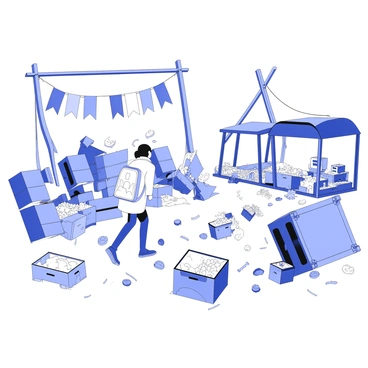 A lone scavenger is searching through the remnants of a once-bustling marketplace. The area is filled with overturned crates, scattered produce, and remnants of colorful banners that now hang tattered. The scavenger is wearing a rugged, weathered coat, with a backpack slung over one shoulder, as they sift through the debris. In the background, there are empty stalls and broken wooden frames, hinting at the vibrant activity that once filled the space. The ground is littered with discarded items, and the atmosphere is heavy with silence, echoing the loss of life and commerce that once thrived here.