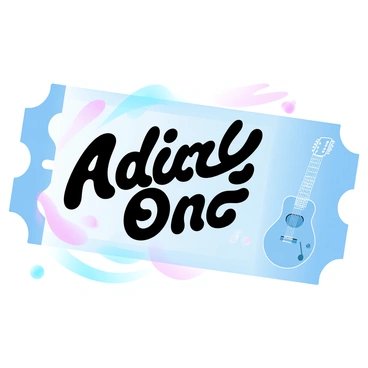 A concert ticket is designed with a vibrant color gradient across its surface. The ticket features "Admit One" prominently displayed in the center. Surrounding the text are various "musical notes" fluttering in different sizes, adding energy to the design. On one side of the ticket, there is an illustration of a "guitar" with intricate details, showcasing its strings and body. The overall composition creates a lively and dynamic feel.
