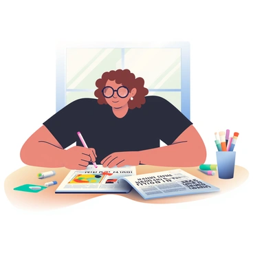 An illustrator with light skin and curly hair is seated at a large wooden table, working intently on a striking piece for a newspaper article. She is wearing a black t-shirt and large round glasses, and her left hand is gripping a sketch pencil while her right hand is hovering near an open sketchbook filled with colorful illustrations. Various art supplies, including markers and paint tubes, are scattered across the table, and a cup filled with brushes stands to her right. The background features a bright window letting in natural light and casting soft shadows on the table. A completed newspaper with striking headlines is partially visible beside her on the table.