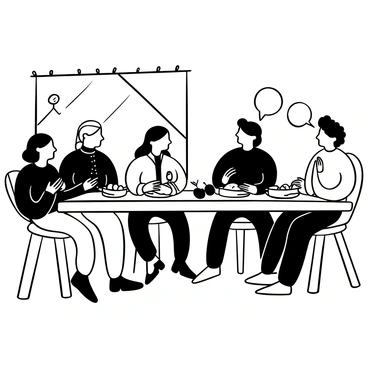 A diverse group of revolutionaries seated at a long wooden table, engaged in conversation while sharing a simple meal. The table is adorned with rustic plates filled with bread, cheese, and fruits. Some individuals are leaning forward, animatedly discussing ideas, while others are passing food to each other. Various types of clothing indicate their different backgrounds, with a mix of military jackets, casual outfits, and traditional attire. In the background, there are wooden beams and a flickering candle casting soft shadows around the room.