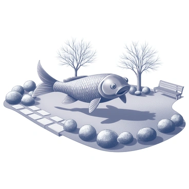 A detailed stone sculpture of a carp. The carp is positioned prominently, showcasing its intricate scales and flowing fins. Surrounding the sculpture is a landscaped park setting, featuring neatly trimmed bushes and a well-maintained grassy area. Several stone pathways weave through the park, guiding visitors towards the sculpture. In the background, there are trees with thick trunks and a few park benches where people can sit and admire the artwork. The overall scene conveys a sense of tranquility and appreciation for nature and artistry.