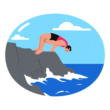 An athlete is performing a handstand on a rocky cliff, showcasing strength and balance. The cliff is rugged with sharp edges and a dark gray texture. Below, the ocean stretches out, with waves crashing against the rocks, creating white foam. The water is a vibrant blue, reflecting the sunlight. In the background, the sky is clear with a few fluffy white clouds scattered across it. The athlete is wearing a bright red tank top and black shorts, with their arms perfectly aligned above their head. The scene captures the dynamic action of the handstand against the stunning coastal backdrop.