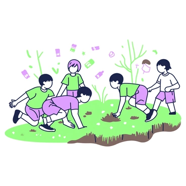 A group of children is playing on a patch of land. They are engaged in various activities such as running and playing tag. The ground is uneven, with clumps of dead grass scattered around, indicating poor soil health. In the background, there are visible signs of soil pollution, including pieces of litter such as plastic wrappers and empty bottles. The children are dressed in colorful clothing, and their expressions show excitement as they interact with each other. Some of them are crouching down, examining the ground, while others are in motion, creating a scene of lively activity amidst the polluted environment.