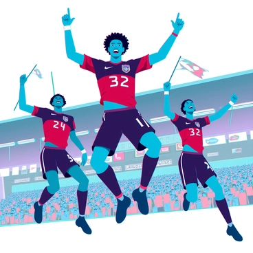 Neymar, a professional soccer player with short curly hair and an athletic build, is jumping in the air with his arms raised in celebration after scoring a goal. He is wearing his team's vibrant jersey, which features bold colors and logos. Surrounding him are three enthusiastic teammates, each displaying expressions of joy and excitement. The background captures a lively stadium filled with cheering fans, waving flags and banners, their faces showing exuberance. Bright stadium lights illuminate the scene, emphasizing the energy and elation of the moment.