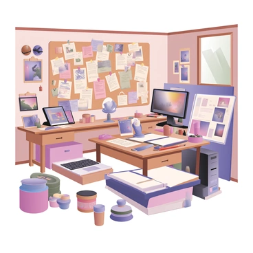 A digital flat illustration depicting a messy art studio filled with various art supplies. The scene includes a large corkboard on the wall, covered with numerous "receipts" pinned haphazardly, along with "inspirational imagery" such as colorful sketches and photographs. There are paintbrushes scattered across a cluttered table, tubes of paint in disarray, and sketchbooks open with pages turned. A window lets in natural light, illuminating the vibrant, chaotic atmosphere of artistic creation.