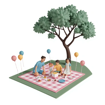A family is enjoying a picnic on a large checkered blanket spread out on the grass. Colorful balloons in various shades of red, blue, and yellow are tied to the corners of the blanket, gently swaying in the breeze. A big, leafy tree provides shade above them, its branches extending wide, creating a cozy atmosphere. On the blanket, there are plates filled with sandwiches, fruits, and snacks, along with a colorful picnic basket. The family members, including a father in a blue t-shirt and shorts, a mother in a floral dress, and two children, one wearing a yellow shirt and the other a green shirt, are laughing and playing with a frisbee nearby.