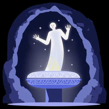 An ethereal spirit with a translucent, shimmering form is emerging from a glowing, ornate ancient artifact placed on a stone pedestal. The cave is dimly lit, with shadows cast on the rough, rocky walls. Small, sparkling particles float in the air around the spirit, adding to the mystical atmosphere. The artifact features intricate carvings and emits a soft blue light that contrasts with the darkness of the cave.