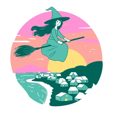 Kiki on her broomstick soaring above a charming coastal town during sunset.