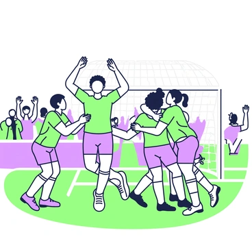 A group of soccer players is celebrating a goal on the field. They are wearing matching jerseys, shorts, and cleats. Some players are jumping into the air with excitement while others are embracing each other in hugs. One player has raised both arms in triumph, and another is clapping their hands. The grass of the field is visible beneath their feet, and the goalpost can be seen in the background. Spectators are visible in the stands, some raising their hands in cheer.