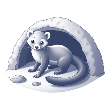 A pine marten is partially visible, peeking out of a burrow. The animal has a sleek body and a bushy tail, with its curious eyes wide open, displaying a sense of alertness. The burrow entrance is surrounded by earthy soil and scattered leaves, providing a natural setting. The marten's fur texture is distinct, showcasing its pattern and coloration. The scene captures the inquisitive nature of the creature as it surveys its surroundings.