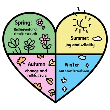 A large, central heart shape divided into four sections, each representing a different season. The top left section is filled with vibrant green leaves and blooming flowers, labeled "Spring: Renewal and Growth." The top right section features bright sun and clear skies, labeled "Summer: Joy and Vitality." The bottom left section showcases falling leaves in warm oranges and browns, labeled "Autumn: Change and Reflection." The bottom right section displays snowflakes and icicles, labeled "Winter: Rest and Contemplation." Each section is distinctly colored to emphasize the characteristics of the season it represents.