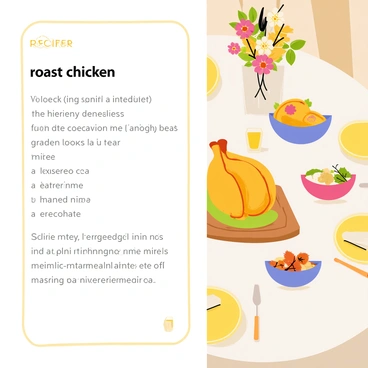 A recipe card for "roast chicken" featuring a decorative border with illustrations of herbs and spices around the edges. The card includes text in a clear font detailing the ingredients and cooking instructions. The background showcases a beautifully laid dinner table, complete with a white tablecloth, elegant cutlery, and colorful plates. The table is adorned with a centerpiece of fresh flowers and a golden roast chicken placed on a wooden serving platter, surrounded by side dishes in vibrant bowls. Soft lighting enhances the warm and inviting atmosphere of the scene.