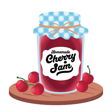 A jar of homemade cherry jam is placed on a wooden table. The jar features a gingham-patterned lid cover tied with a piece of twine. The jam inside is rich and deep red, glistening in the light. Around the jar are a few freshly picked cherries scattered on the table, with their vibrant color contrasting against the wood. A small white label on the jar reads "Homemade Cherry Jam" in elegant script.