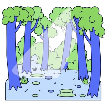 A dense forest with tall trees that have thick trunks and lush green leaves. Sunbeams filter through the canopy, creating bright shafts of light that illuminate patches of the forest floor. The ground is covered in a mix of soft moss and scattered fallen leaves, while small ferns and shrubs peek out between the trees.