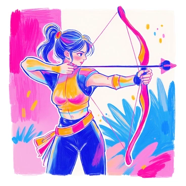 An archer is positioned with a focused expression, their body poised to shoot. They are wearing a fitted outfit that highlights their athletic build. The bow is drawn back, showcasing the intricate details of the bowstring and the tension that reverberates through it. Lines of tension extend from the bow to a distant target, illustrating the powerful force and concentration. The background features a range of colors that emphasize the archer's movements and the dynamic energy of the scene.