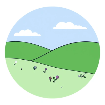 A landscape scene featuring rolling hills that are covered in sweeping cilia. The cilia appear soft and fluffy, gently swaying in the breeze. The hills have a smooth, rounded shape, creating a flowing silhouette against the horizon. The sky above is bright and clear, providing a vibrant backdrop to the lush green hills. Small patches of wildflowers can be seen dotted across the landscape, adding splashes of color among the green.