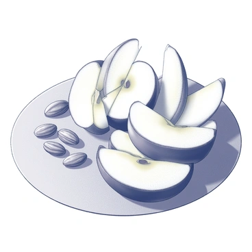 Apple slices neatly arranged on a round, white platter. The apple slices are crisp and have a shiny surface, showcasing their fresh texture. Scattered around the apple slices are a handful of almonds and walnuts, providing a contrasting texture with their rough surfaces. The platter is placed on a wooden table, and the background is softly blurred to draw attention to the healthy snack arrangement.