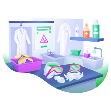 A modern pastel illustration of a laboratory environment featuring a table neatly organized with various safety equipment. On the table, there are several pairs of "goggles" with clear lenses and colorful frames, alongside multiple pairs of "gloves" in different sizes. In the background, a shelf displays "lab coats" and labeled containers with safety symbols. A poster on the wall highlights important safety procedures, while a small sink with "soap" and "hand sanitizer" is visible in the corner.