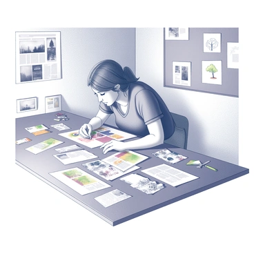 An artist is focused on a large table covered with various cut-out illustrations and magazine clippings. The artist's hands are meticulously arranging pieces, combining different textures and shapes. Scissors, glue sticks, and spare clippings are scattered around the workspace. Several colorful images lie positioned, ready to be incorporated into the collage, while the artist leans slightly forward, deep in concentration. The backdrop features a wall adorned with completed artwork, showcasing the artist's creativity and style.
