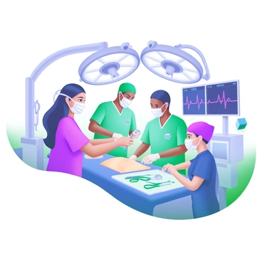 A modern operating room is depicted with a diverse surgical team dressed in scrubs and surgical masks. The team includes individuals of different ethnicities, such as a Black female surgeon, an Asian male anesthesiologist, and a Hispanic female nurse. They are gathered around a surgical table, preparing instruments and supplies. There are surgical tools, including scalpels and forceps, neatly arranged on a sterile tray. Overhead, bright surgical lights illuminate the scene, and monitors displaying vital signs are visible in the background. The atmosphere conveys a sense of professionalism and teamwork.