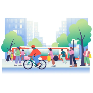 A bustling city street is filled with people engaging in various activities. Several figures are walking along the sidewalk, some carrying colorful shopping bags. A cyclist wearing a bright orange helmet is riding past on a bike, weaving through the pedestrian crowd. A bus is stopped at a nearby bus stop, and a few people are waiting to board, while others are stepping off the bus. Tall buildings with glass facades rise on either side of the street, reflecting the sunlight. Trees with green leaves line the curb, adding a touch of nature to the urban scene.