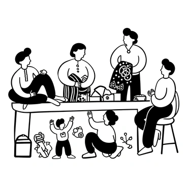A group of family members gathered around a large table, actively sorting and arranging various dowry items. There are intricately designed textiles, jewelry pieces, and decorative accessories displayed prominently. A woman is folding elaborate fabric, while a man is carefully examining a set of gold bangles. Another family member is writing notes on a piece of paper, outlining the items, and a child is reaching for a beautiful decorative box. The environment is filled with a sense of focus and collaboration as everyone works together.