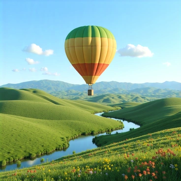 A hot air balloon in the shape of a 3D box floating over a landscape