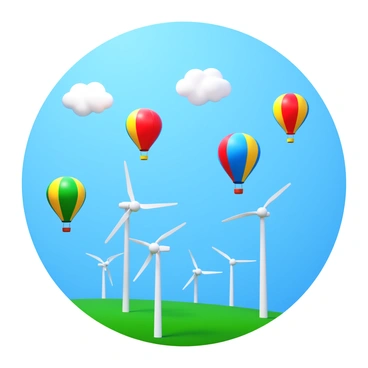 A series of colorful hot air balloons in a variety of vibrant hues floating gracefully in the sky. The balloons are filled with bright colors such as red, yellow, blue, and green. Below, a wind farm with several white wind turbines stands tall against the landscape. The clear blue sky provides a perfect backdrop for this scene, with a few scattered fluffy white clouds. The balloons are positioned at different altitudes, creating a dynamic visual arrangement.