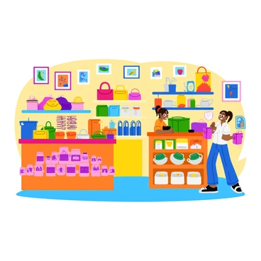 A small gift shop filled with various illustration-themed merchandise and souvenirs. The shop features colorful shelves lined with illustrated postcards, art prints, and whimsical stationery. Brightly colored bags and plush toys with cartoon designs are displayed prominently near the front counter. Soft lighting illuminates the space, creating a cheerful atmosphere. A charming display showcases handmade mugs adorned with vibrant illustrations, while a section highlights unique bookmarks with quirky designs. The walls are decorated with framed artwork, bringing the theme of illustration to life throughout the shop.