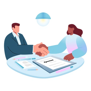 A client and an illustrator are shaking hands across a table. The client is wearing a blazer and has short hair, sitting on one side of the table. The illustrator, wearing a colorful sweater, is on the opposite side of the table. On the table, there are sketches and art supplies scattered around, including pencils and a notebook. A light fixture above casts a warm glow on the scene, creating a friendly atmosphere. A large "Agreement" document is visible on the table, with both hands reaching towards it.