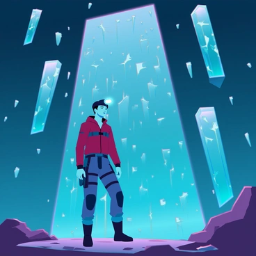 An explorer with rugged clothing and a headlamp is standing inside a vast cave. The cave walls are adorned with sparkling crystal formations that reflect light in various colors. The explorer is illuminated by the soft glow of their headlamp, casting dramatic shadows across the rocky surfaces. Stalactites hang from the ceiling, while the floor is uneven and scattered with small stones. The explorer’s expression is one of awe as they gaze at the glittering crystals that seem to shimmer in the darkness.