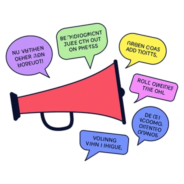 A megaphone with a bright red body and a black handle is placed in the center of the image. Surrounding the megaphone are several speech bubbles of varying shapes and sizes. Each speech bubble displays different messages in bold, clear text. The messages represent diverse voices and themes. The speech bubbles are colorful, with shades of blue, green, yellow, and pink, creating a lively atmosphere. The background remains simple and unobtrusive, ensuring the focus is on the megaphone and the speech bubbles.