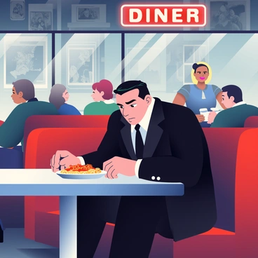 A dimly lit diner is filled with patrons seated in red vinyl booths. In the foreground, a mob boss with slicked-back black hair and a sharp black suit is sitting at a table, enjoying a plate of spaghetti. He has an intense gaze as he looks around the room, observing other diners. The walls of the diner are adorned with vintage black and white photographs, and a neon sign with the word "DINER" glows softly in the background. A waitress in a classic uniform is serving coffee to a couple at the next booth. The atmosphere is charged with tension as the boss's fingers tap rhythmically on the table.