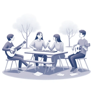 A group of friends gathered in a park, engaged in a casual jam session. One person is strumming a guitar, while another is playing a keyboard, positioned on a picnic table. A third friend is holding a microphone, singing along with enthusiasm. Nearby, a friend is playing a bongo drum, adding a rhythmic beat. The friends are seated on the grass, with a few scattered music sheets around them, creating a relaxed atmosphere. In the background, trees provide shade as some park-goers walk by, enjoying the lively performance.