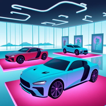 A luxury car salon featuring a spacious interior adorned with plush, deep-pile carpets in rich colors that add warmth to the space. The salon is filled with high-end vehicles on display, showcasing sleek designs and polished surfaces. Each car is elegantly illuminated under strategically placed lights, highlighting their curves and details. Glass walls provide a view of the outside, while modern art pieces decorate the surroundings, enhancing the opulent atmosphere.
