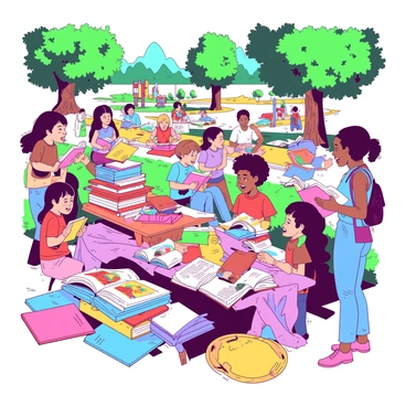 A group of children and adults are gathered in a sunny park, enthusiastically exchanging books during a vibrant community book drive. There are various colorful tables set up, each filled with many neatly stacked books in different sizes and genres. Children are animatedly discussing their favorite stories while holding bright, illustrated children's books. Adults are engaging with each other as they flip through novels and non-fiction, smiling at their discoveries. In the background, green trees provide shade, and a few colorful blankets are spread out where other participants are sitting and reading. The atmosphere is lively and full of interaction, with sunshine casting warm light over the scene.