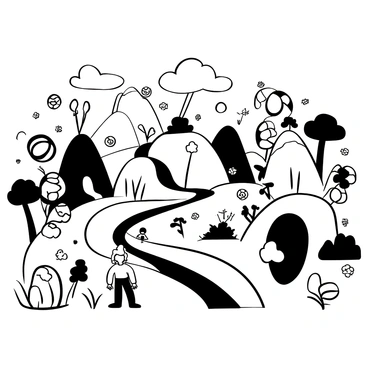 A fantastical landscape made entirely of candy, with children walking along "licorice paths" that twist and turn through the scenery. There are "chocolate hills" rising in various sizes, their surfaces smooth and inviting. Sugar cane trees dot the landscape, some with "lollipops" hanging from their branches. In the background, there are "gumdrop boulders" scattered throughout the terrain, adding more color to the sugary environment. A "marshmallow river" flows gently nearby, reflecting the whimsical surroundings.