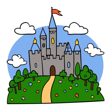 A large fairytale castle made of shimmering stone towers over the scene. The castle features tall, pointed turrets and intricate architectural details, adorned with "colorful banners" fluttering in the breeze from each tower. Surrounding the castle is a "lush green landscape" filled with vibrant trees and blooming flowers, creating a picturesque setting. A winding path leads from the castle entrance, inviting visitors to approach. The sky is bright blue with fluffy white clouds scattered across it, enhancing the enchanting atmosphere of the scene.