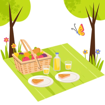 A cheerful picnic scene on a green blanket surrounded by trees and colorful wildflowers.