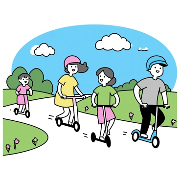 A family on scooters exploring a countryside road under a clear blue sky