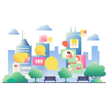 A city skyline features buildings that are shaped like "feedback notes" and various "illustrations." The skyscrapers vary in height and are designed to resemble large, colorful speech bubbles, post-it notes, and playful illustrations. The buildings are adorned with vibrant colors, including shades of yellow, blue, and pink. In the foreground, a park with green trees and benches provides a space for people to relax and observe the unique architecture. A clear blue sky stretches above the skyline, enhancing the lively atmosphere of the scene.