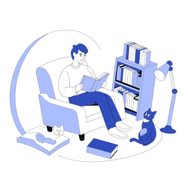 A person is sitting in a cozy reading nook, immersed in a book. The reader has their legs crossed and appears focused, holding the book open in their lap. A comfortable armchair is positioned in the nook, surrounded by soft pillows and a warm blanket draped over one side. Nearby, a cat is curled up on a small cushion, its eyes closed, enjoying the peaceful atmosphere. A small bookshelf filled with various titles is visible in the background, and a warm lamp provides soft light to the scene.