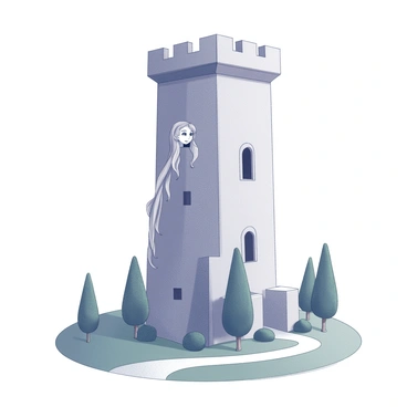 A tall, stone tower rises against the sky, featuring narrow, arched windows. "Rapunzel," with long, flowing hair cascading down the side of the tower, is peeking out of one of the tower windows. Her face reflects curiosity as she gazes down at the landscape below. Lush greenery surrounds the base of the tower, with trees and bushes creating a natural border. A winding path can be seen leading away from the tower, disappearing into the distance. The overall composition highlights the height of the tower and the sense of separation from the vibrant world below.