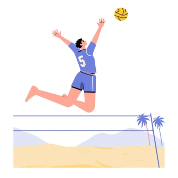 A volleyball player with short black hair wearing a blue uniform is leaping high in mid-air. The player is positioned above the sandy court, with their arms extended upward, preparing to spike a yellow volleyball. The net is visible in the background, stretching across the scene. The sky is clear and blue, indicating a sunny day, while a few palm trees can be seen in the distance, adding to the beach atmosphere.